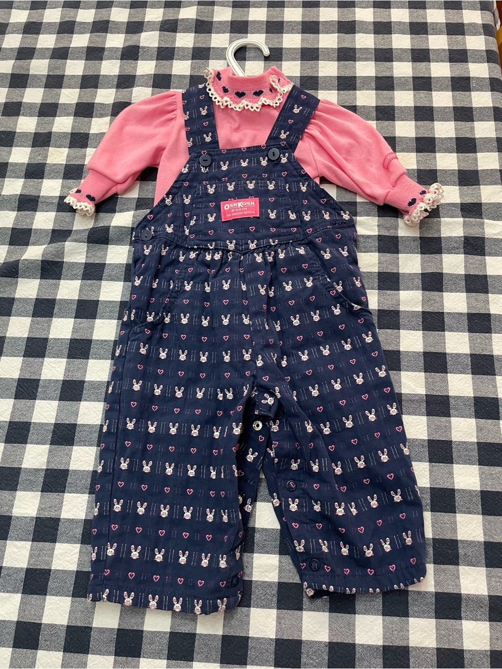 VTG OshKosh B'gosh Navy Bunny Print Overalls with Pink Top 6-9 month